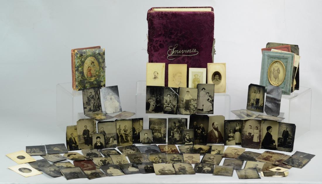 Lot of Photographs, Tintypes, and Photo Albums: Lot of Photographs, Lot of Tintypes to Include Man with a Cornet Horn, Boy with Dog, and Men in Swim Trunks. and Two Photo Albums