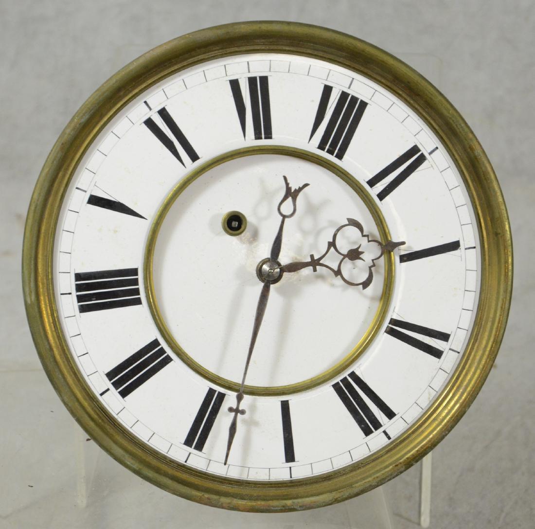 Vienna wt driven regulator movement only, 8 day: Vienna regulator movement only, 8 day, time only weight driven movement with porcelain dial and brass bezel, c 1870, 7-1/2" dia, no weight or pendulum