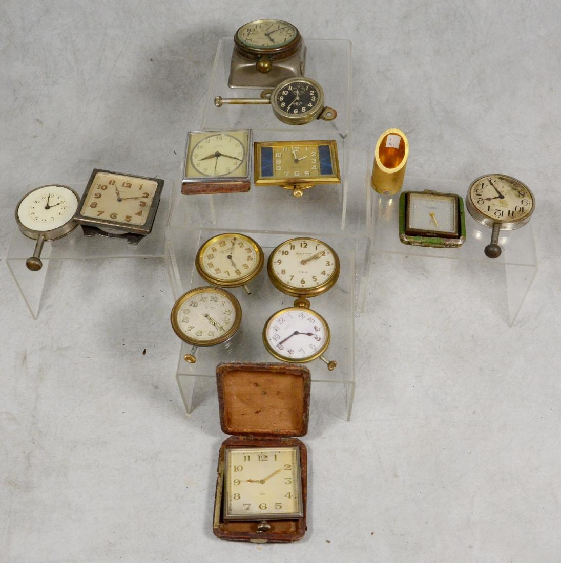 Travel and car clocks: Elgin, Waltham, Dunhill: Lot of travel and car clocks: Elgin, Waltham, Dunhill, and others