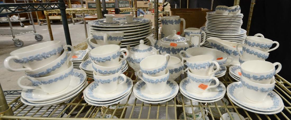 (96) Pcs Wedgwood Queensware Dinnerware: (96) Pcs Wedgwood blue on white Queensware dinnerware, c/o 12 dinner plates, 12 salad plates, 12 B&B plates, cream soup bowl, 6 teacups, 7 saucers, 12 demitasse cups, 12 demitasse saucers, sauce boat 