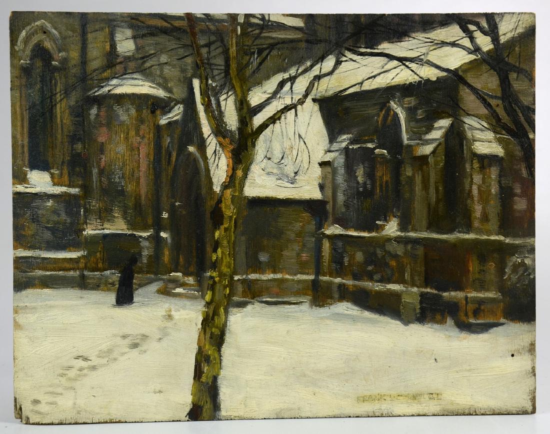 Frank L Emanuel, "St. John's Church, Ladbroke Grove": Frank L Emanuel (British, 1866-1948), "St. John's Church, Ladbroke Grove", oil on wood panel, signed "Frank L Emanuel", unframed, 10-7/8" x 14, good condition; from a single owner collection originall