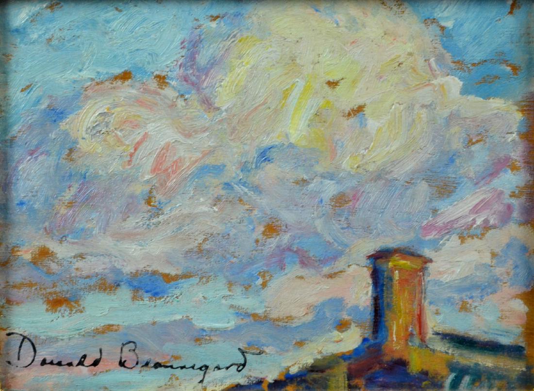 Donald Beauregard Painting, "Lookout Tower": Donald Beauregard (American, 1884-1914), painting, "Lookout Tower, Coast of Brittany", oil on wood panel, signed lower left, 5-1/4" 7", framed 9-7/8" x 11-5/8", very good condition
