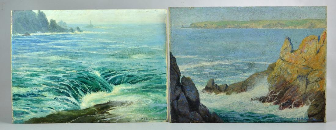 Charles John Clarke (2) Coastal Seascape Paintings: Charles John Clarke (American, 1893-1984), (2) Coastal Seascape Paintings, "Sunlit Rocks, Coast of Brittany" and "End of the Reef, Pointe du Raz", oil on board, signed "C J Clarke '21", each 12" x 16"