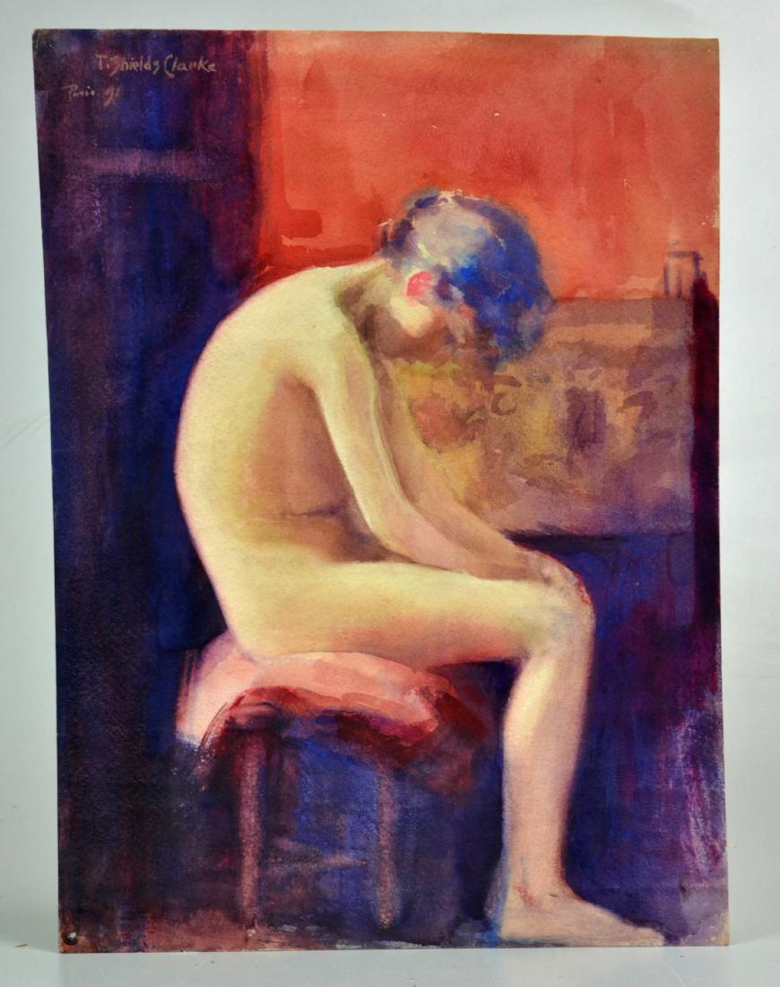 Thomas Shields Clarke Watercolor of Female Nude: Thomas Shields Clarke (American, 1860-1920), Watercolor of Female Nude, signed "T Shields Clarke, Paris '91", unframed, 14-1/8" x 10-1/8" sheet, good condition