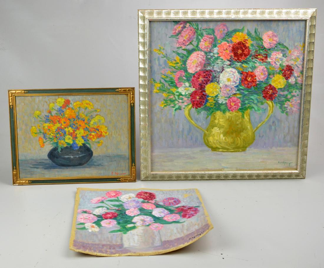 Eva Springer, (3) Still Life Paintings: Eva Springer (American, 1882-1962), Taos, NM artist, (3) Still Life paintings, oil on canvas and mixed media on board, one unframed, largest 16" x 16", fair to good condition