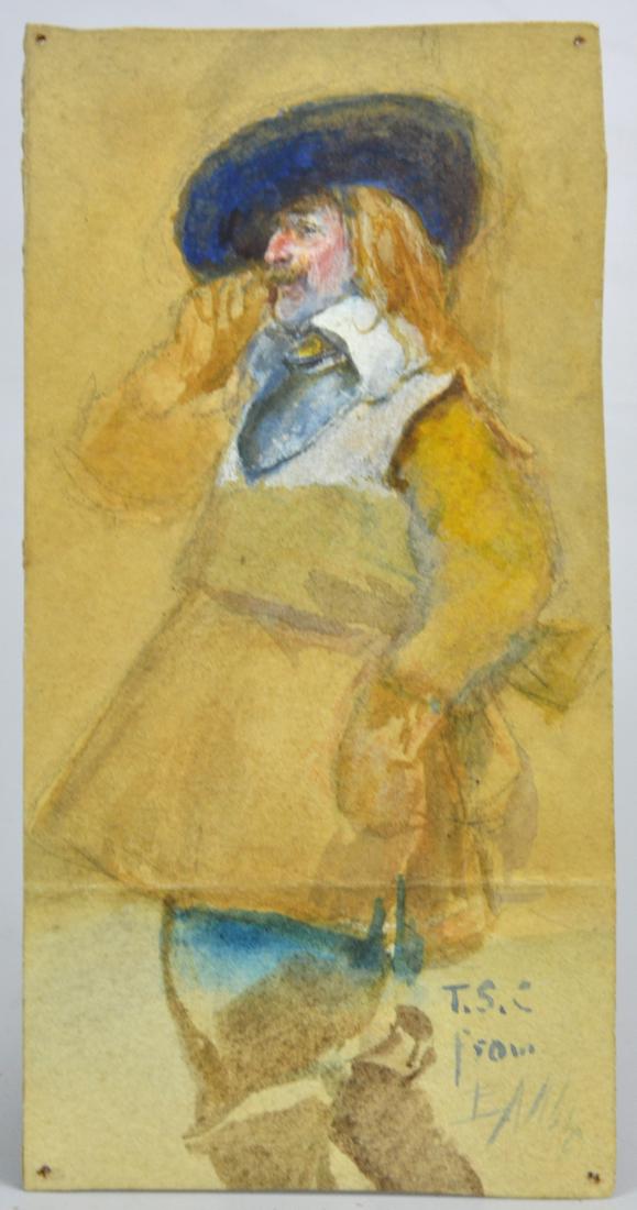 Edwin Austin Abbey, T S Clarke Watercolor: Edwin Austin Abbey (American, 1852-1911), T S Clarke watercolor, signed "T S C from E A Abbey", possibly to fellow PAFA artist Clarke, 5-7/8" x 2-7/8", fair condition, crease in lower half, corner pin