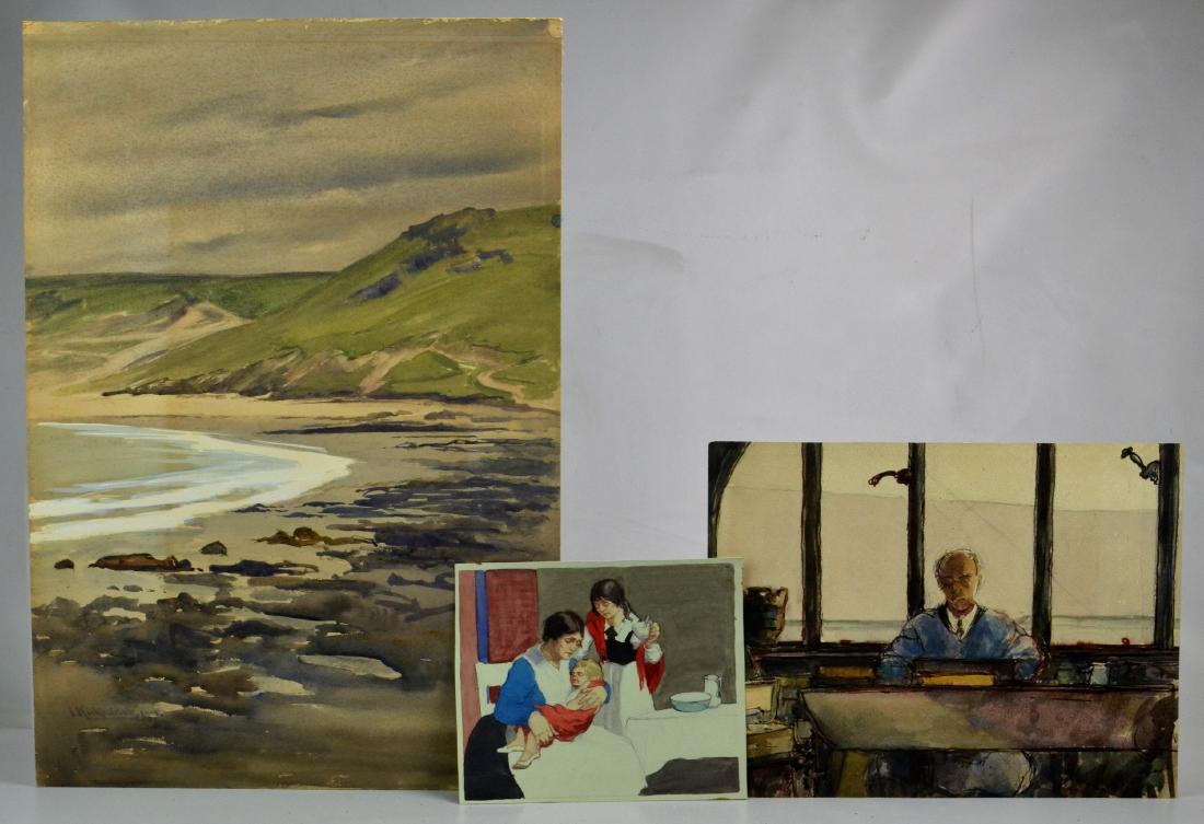 (3) Watercolor Paintings: (3) Watercolor Paintings, Ida Marion Kirkpatrick landscape, signed "L Kirkpatrick 1980, 22" x 15-1/8"; seated man, unsigned, 10-1/8" x 13-3/8"; mother and children, unsigned, 6-7/8" x 8-1/8", all unfr