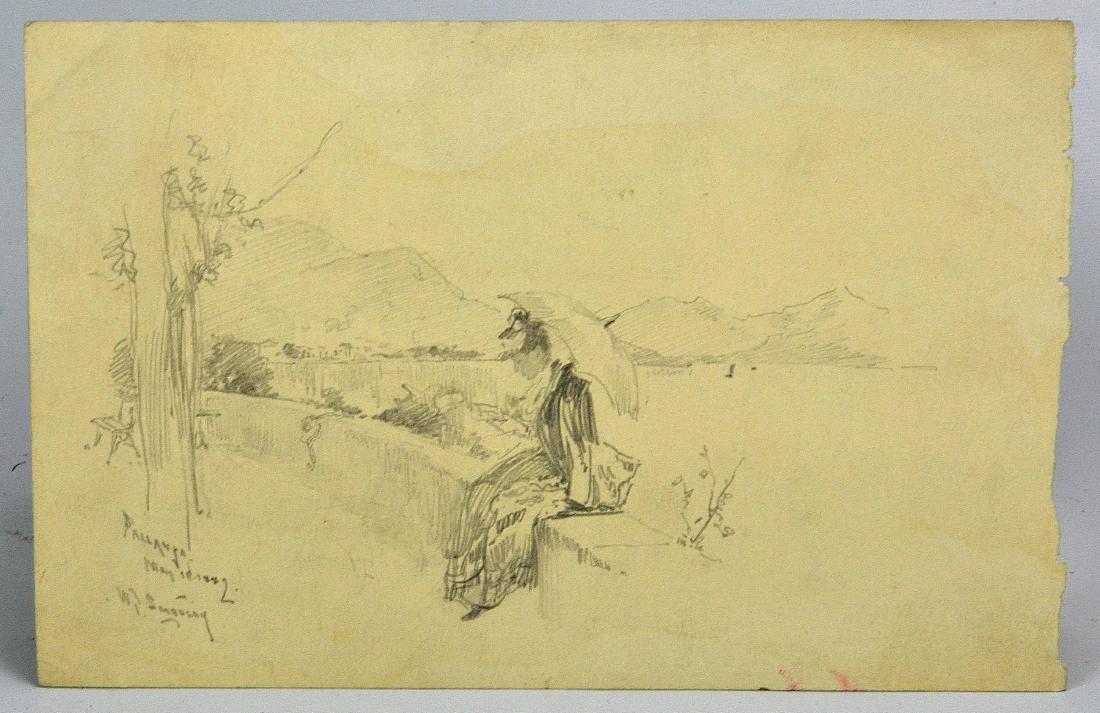 William Thomas Smedley Drawing of Young Woman Reading: William Thomas Smedley (American, 1858-1920), drawing of young woman reading, pencil on paper, signed "W T Smedley Pallanza May 10, 1882", 5-1/2" x 8-1/2" sheet, very good condition