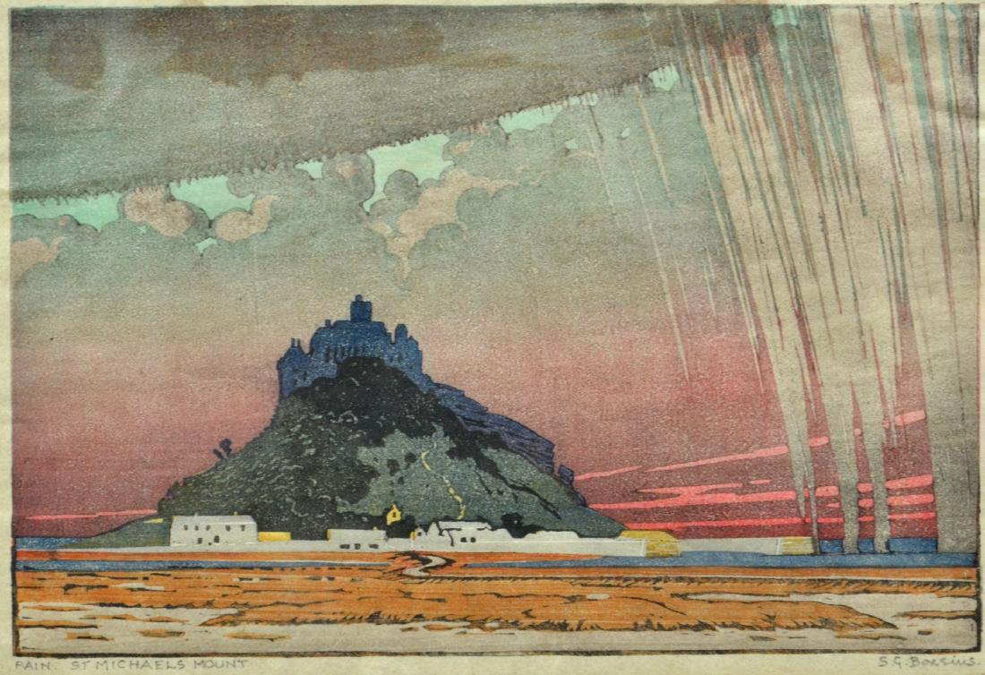 Sylvan G Boxsius Linocut "Rain St. Michael's Mount": Sylvan G Boxsius (British, 1878-1941), linocut, "Rain St. Michael's Mount", pencil signed "S G Boxsius", 6-1/4" x 9-1/4" image, framed 11-1/2" x 14-1/2", good condition