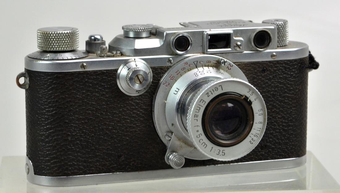 Leica 3 Camera: Leica 3 35mm rangefinder camera, Leitz Elmar f=5cm 1:3.5 collapsible lens. Serial Number 187436, manufactured 1936. Camera operates nicely and is in good condition, curtain and shutter are sticky at s