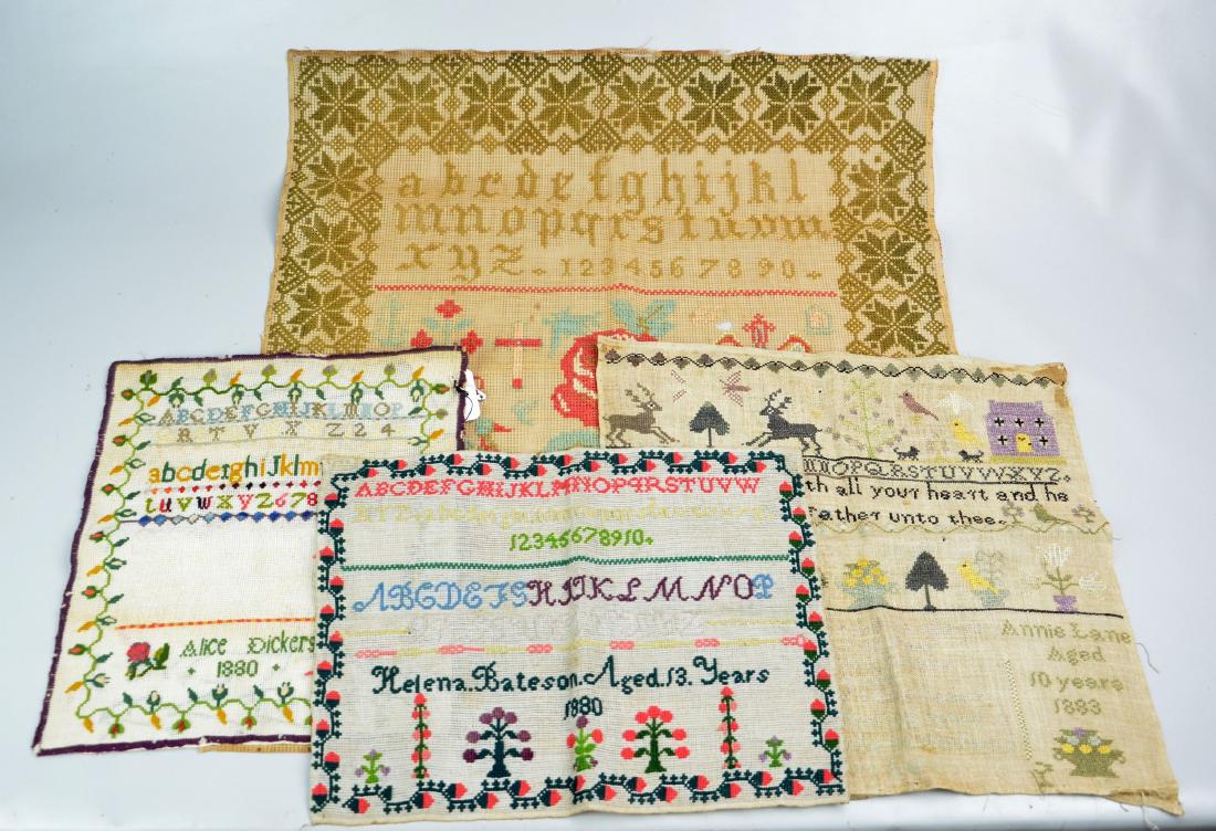 (4) 1880 Samplers: (4) 1880's samplers: "Alice Dickerson 1880", "Helena Bateson Aged 13 Years 1880", "Annie Lane Aged 10 Years 1883", "Mary Caslin November 1887"