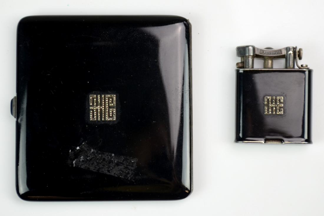 Dunhill Lighter with Cigarette Case: (1) Dunhill Black Enamel Lift Arm Lighter (Pat 143752), (1) Black Lacquer Cigarette Case (Clip is detached inside)