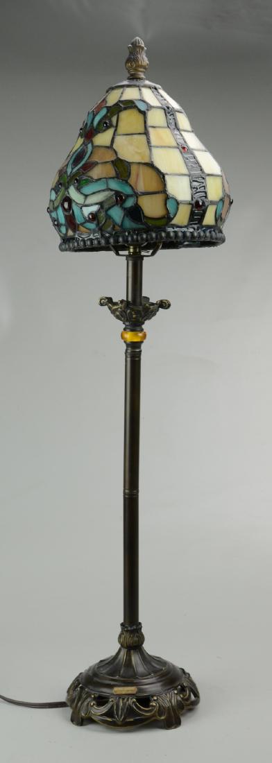 Dale Tiffany Stained Glass Table Lamp: Stained glass candlestick table lamp, pear shaped shade, plaque on base "Antiques Roadshow Dale Tiffany Inc", 31" h x 9" dia