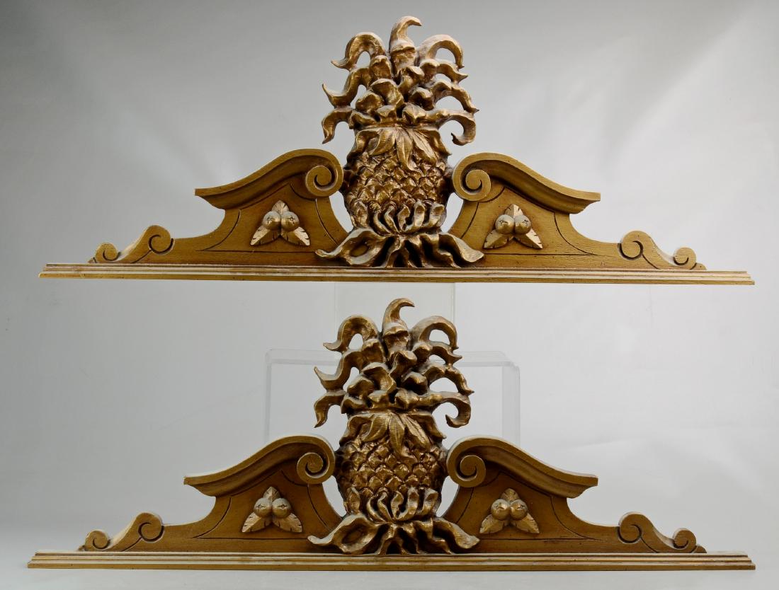 Pr Wood Pineapple Crest Wall Hangings: Pr gilt wood wall hanging pediments with carved pineapple crest, 35" w x 13" h