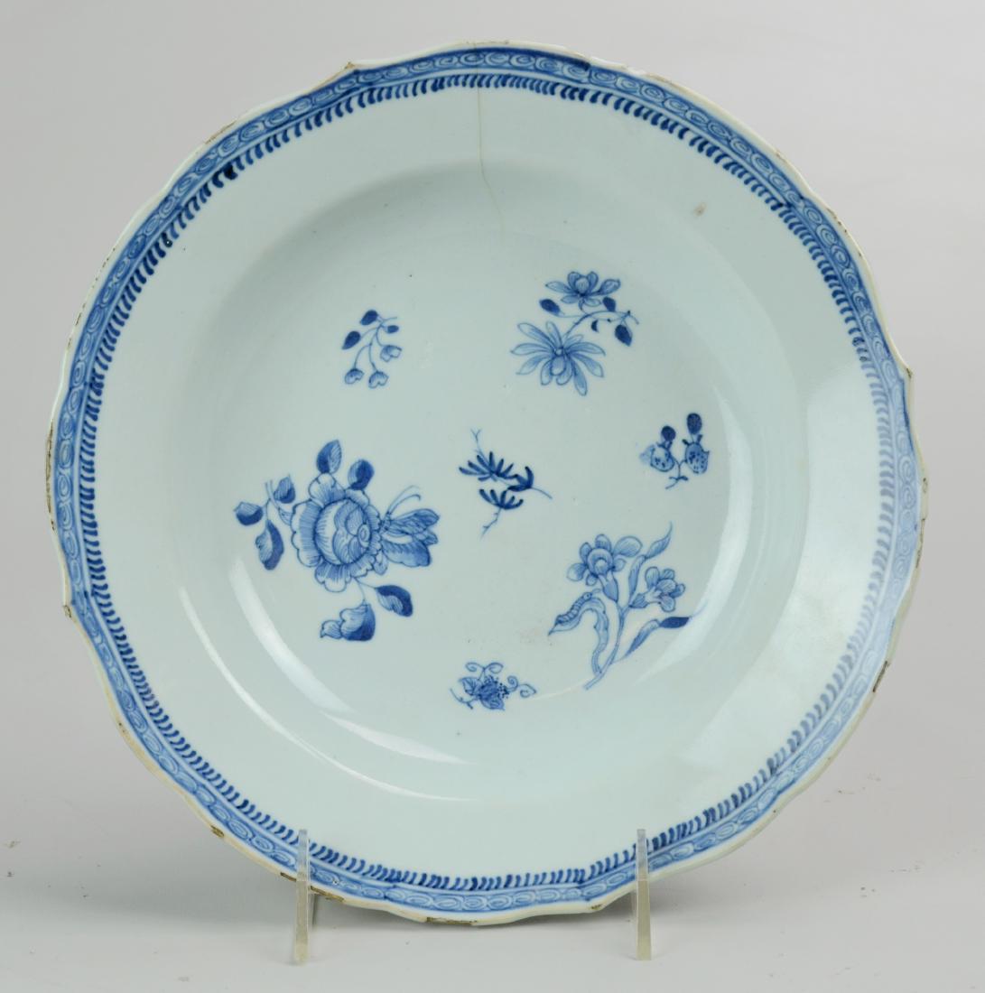 18th C Chinese Porcelain Bowl: Chinese blue & white porcelain bowl, floral decoration, 18th C, 9-3/4" dia x 1-3/4" h, hairline crack, minor chipping around edge