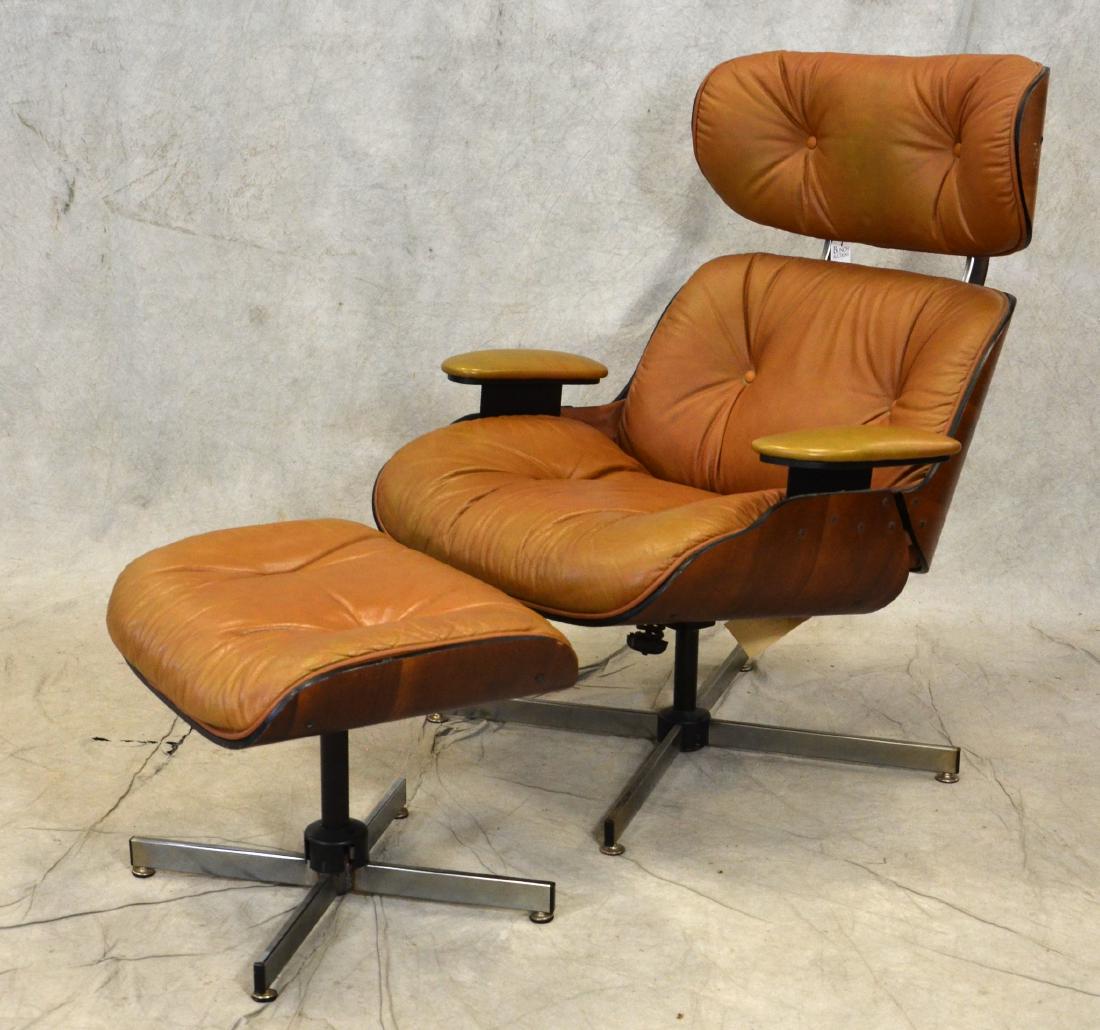 Plycraft Modern Design leather lounge chair & ottoman: Plycraft Modern Design leather lounge chair & ottoman, brown tufted leather, laminate back, 39"h x 32-1/2"w x 30"d, sun fading to leather