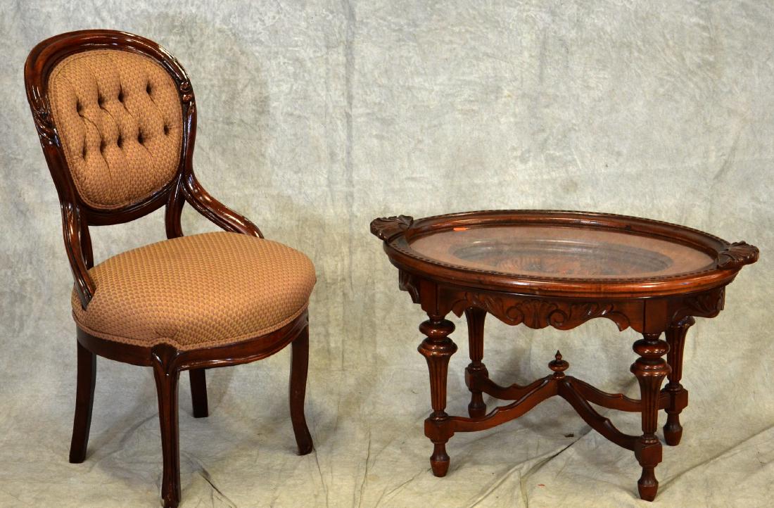 Tray top coffee table, Victorian style tufted chair: Figural carved walnut tray top coffee table, walnut finger carved Victorian side chair, 34"h