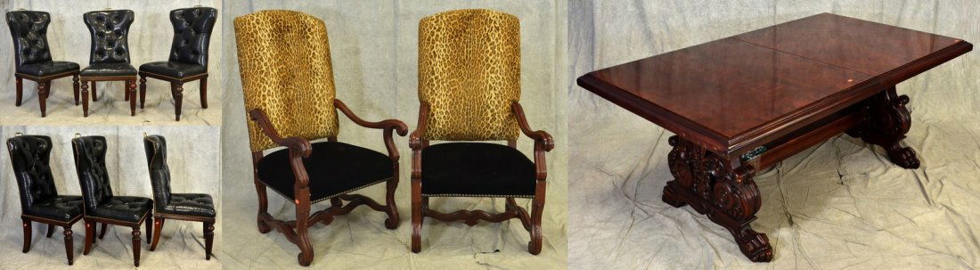 (9) pc Ralph Lauren for Henredon DR suite: (9) pc Ralph Lauren for Henredon DR suite c/o banded mahogany trestle dining table w/carved ends, 76" x 45", (2) 18-1/2" leaves, (1) 37" leaf (water hazed finish); (6) tufted leather dining chairs, 45