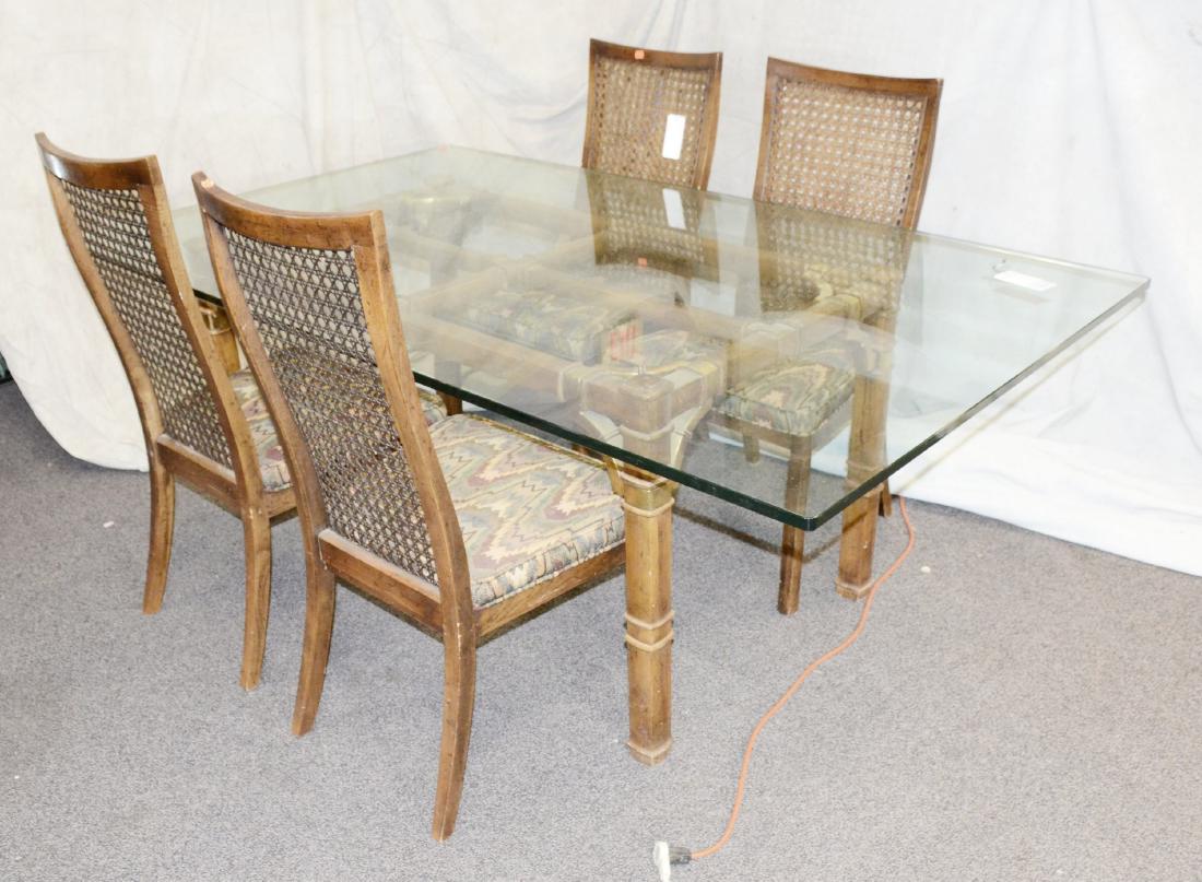 (5) pc Drexel Heritage Asian style dining set: (5) pc Drexel Heritage Asian style dining set, c/o wood base with gold leaf highlights, glass top, (4) caned back side chairs with upholstered seats, table 29-1/2"h x 78"w x 46"d
