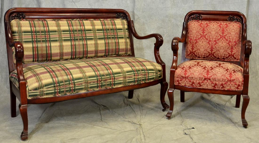 Empire style settee & armchair: Empire style settee & armchair, acanthus leaf decoration at top corners, striped upholstery, side chair with urn form red and cream upholstery, 37"h x 50-1/2"w x 22"d, chair 36"h x 25"w x 24"d
