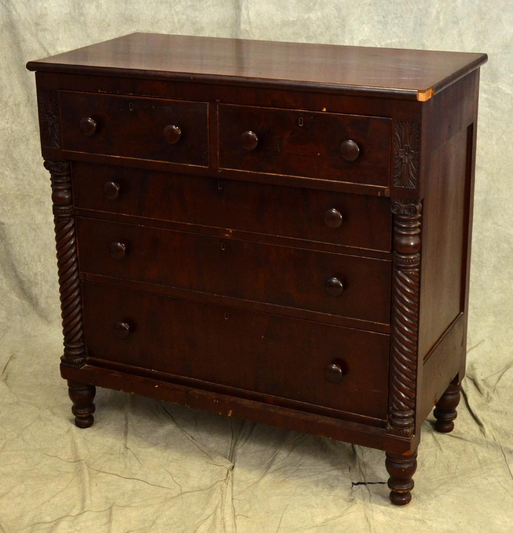 Mahogany Empire style chest of drawers: Mahogany Empire style chest of drawers, two short drawers over three long drawers, rosettes over rope twist columns, mushroom pulls, 46"h x 45"w x 23"d, missing some mouldings