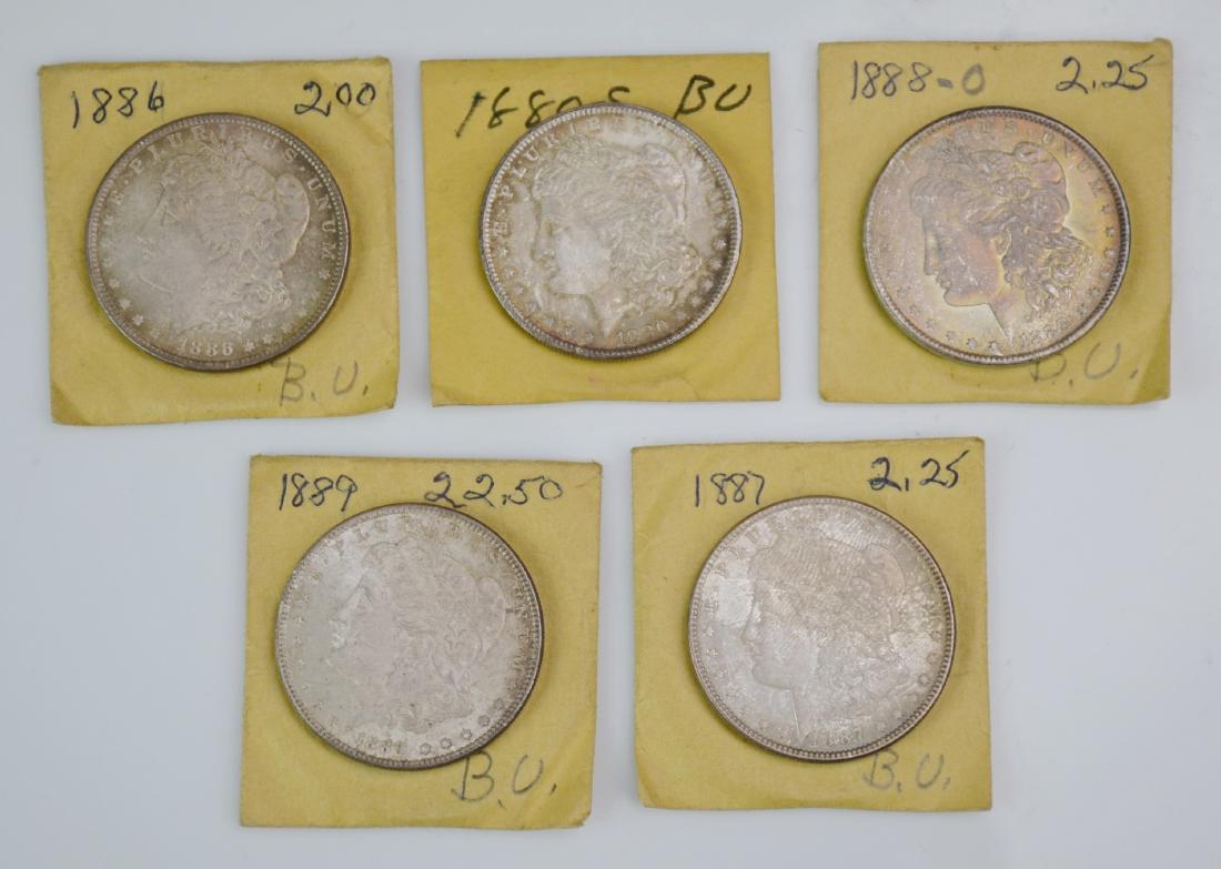 (5) Morgan Silver Dollars, Uncirculated: (5) Morgan dollars, 1880S, 1886, 1888O, 1887, and 1889 uncirculated