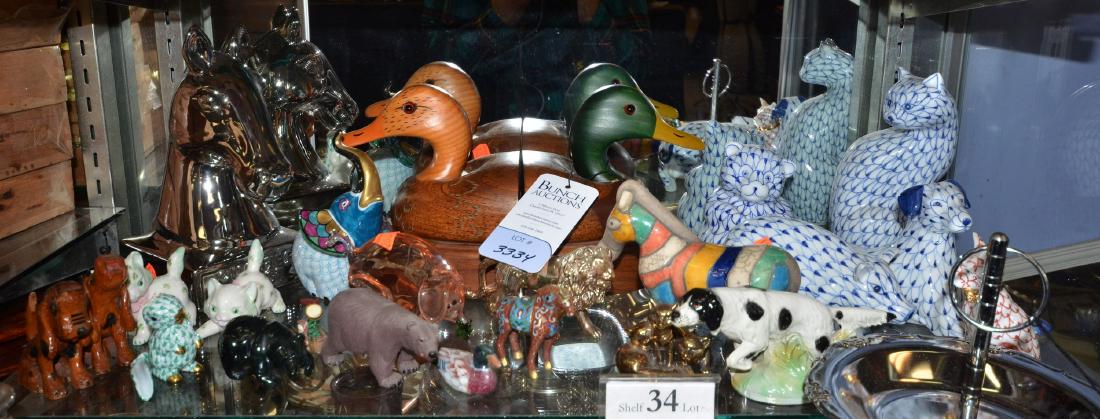 Shelf #34 - (17) Animal Figures & Duck Bookends: Shelf #34 - (17) Animal figurines, porcelain, metal, cloisonne, glass, stone, and wood duck head bookends