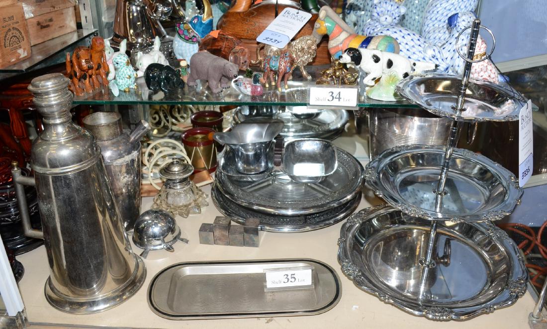 Shelf #35 - Chase, Farberware, and More Serveware: Shelf #35 - Chrome and silverplate barware and serveware c/o: Pompadour handled cocktail pitcher with strainer, EGW&S handled cocktail strainer, ice bucket (maker's mark unidentified), Chase Bakelite