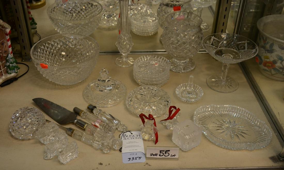 Shelf #55 - Waterford Crystal Pieces: Shelf #55 - Lot of miscellaneous Waterford crystal pieces, including bowls, compote (chip to rim), vases, ring dish, lids, serving utensils, Christmas ornaments, baby block