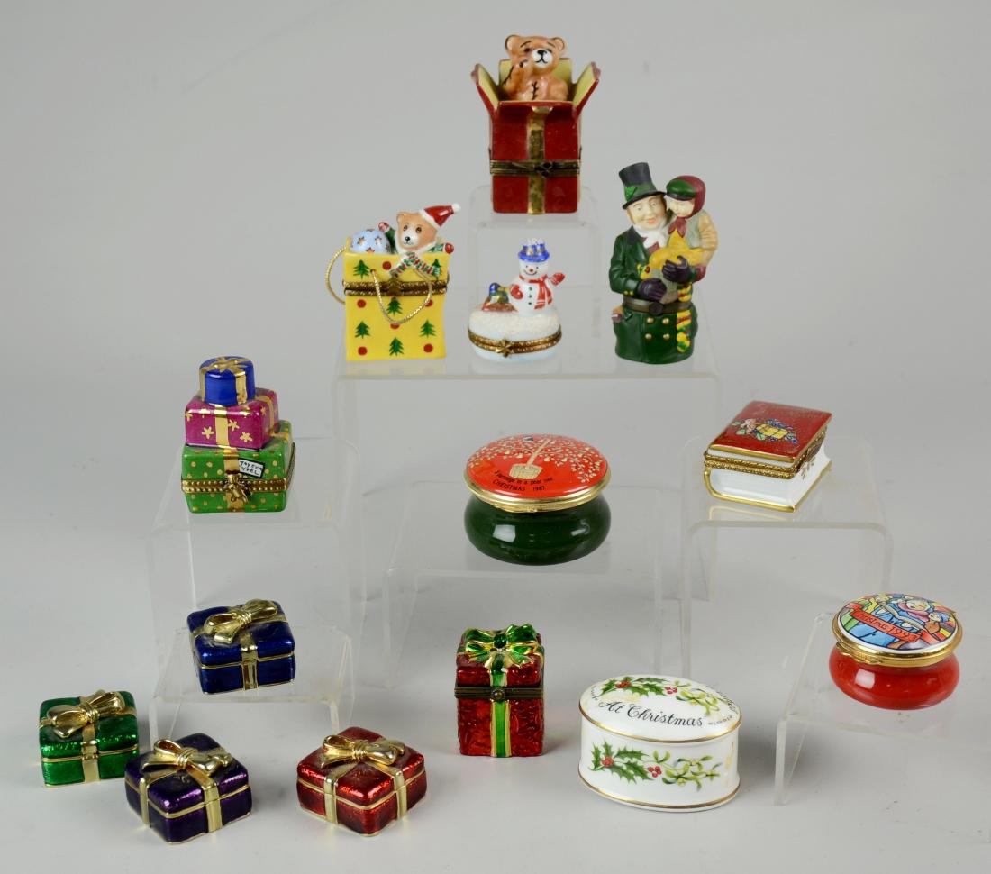 (14) Christmas Dresser Boxes, Enamel, Porcelain, Metal: (14) Christmas Dresser Boxes, enamel, porcelain, metal, including Limoges, Coalport, Kingsley, Wedgwood, Department 56