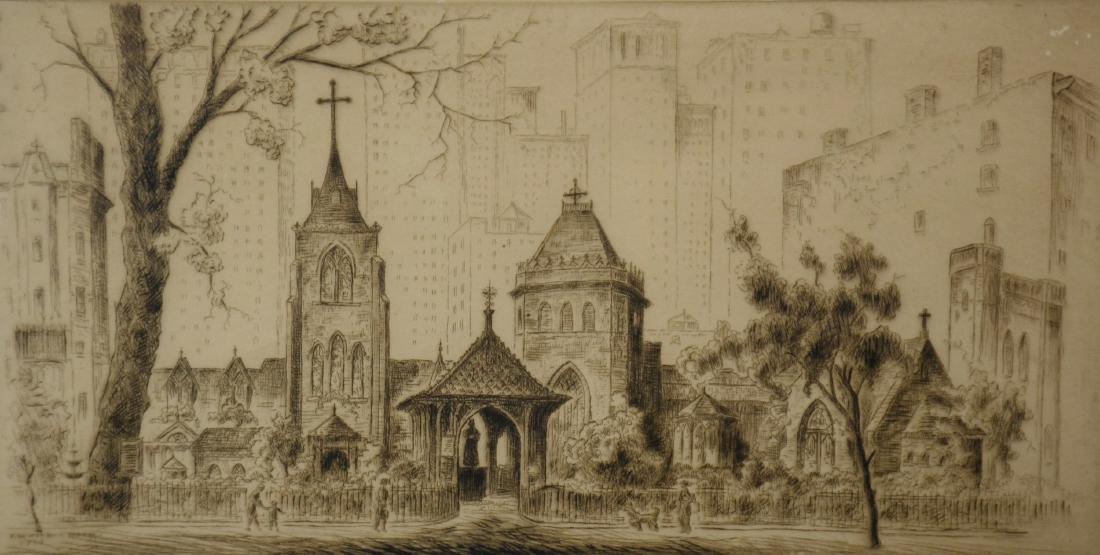 F Werner Hoppe "Little Church Around the Corner, NY": F Werner Hoppe, 20th C American, "Little Church Around the Corner, NY", depicting the Episcopal Church of the Transfiguration in Manhattan, drypoint etching on paper, pencil signed "F W Werner Hoppe",