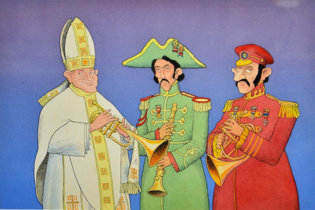 Tony Auth Beatles Cartoon Painting, John, Paul, George: Tony Auth (American, 1942-2014), Beatles cartoon painting, John, Paul, George & Ringo, watercolor on paper, no visible signature, possibly obscured 16-1/4" x 10-7/8" sight, framed 23" x 18", very good