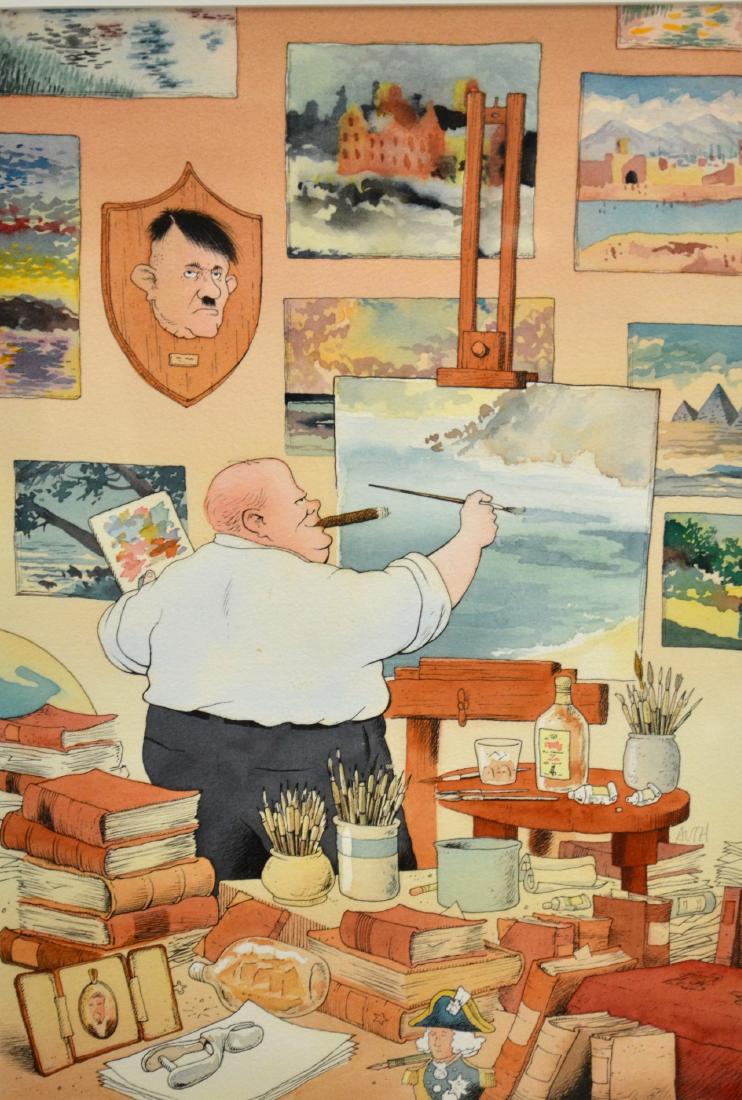 Tony Auth Political Cartoon Painting, "Churchill": Tony Auth (American, 1942-2014), political cartoon painting, "Churchill", watercolor on paper, pencil signed "Auth", 16-1/4" x 11 sight, framed 23" x 18", very good condition