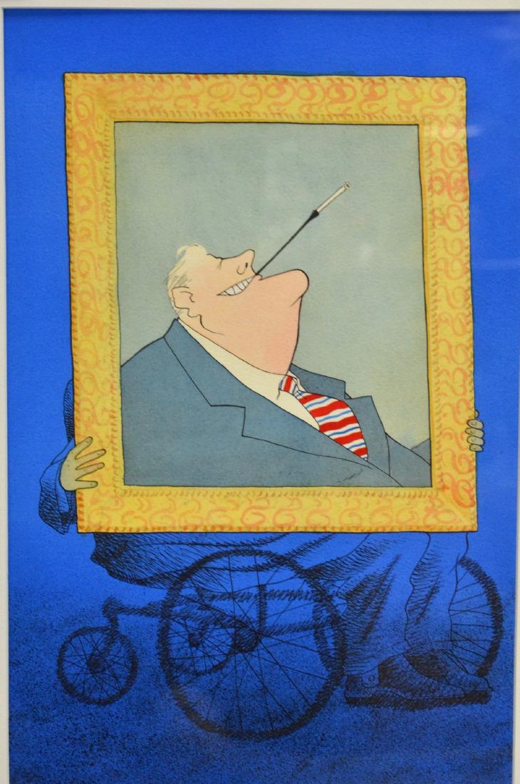 Tony Auth Political Cartoon Painting, "FDR": Tony Auth (American 1942-2014), political cartoon painting, "FDR", watercolor on paper, no visible signature, possibly obscured, 17" x 10-7/8" sight, framed 23" x 18", very good condition