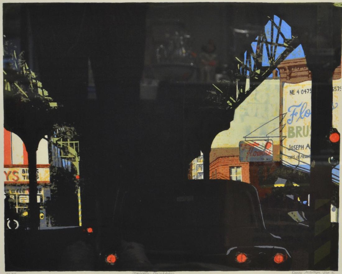 Nancy McIntyre Lithograph "Stoplights: Philadelphia": Nancy McIntyre, 20th C American, PA artist, lithograph, "Stoplights: Philadelphia", pencil signed "Nancy McIntyre Jan '76", edition 37/55, 16-3/4" x 20-1/4" plate, framed 25-1/4" x 28-1/2", very good 