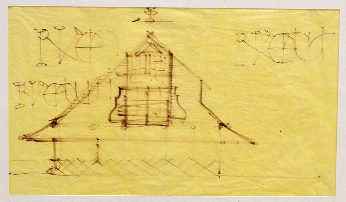Robert Venturi Drawing, "Petrie House, Long Island, NY": Robert Venturi (American 1925-2018), drawing, "Petrie House, Long Island, NY", architectural study, marker on tracing paper, signed in large letters, 11-1/4" x 19-7/8" sight, framed 19-3/4" x 28-1/4",