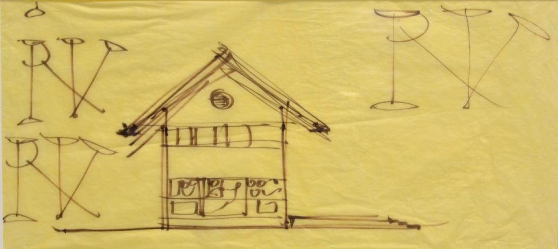 Robert Venturi Drawing, "Block House, Block Island, NY": Robert Venturi (American 1925-2018), drawing, "Block House, Block Island, NY", architectural study, marker on tracing paper, signed "RV" in large letters, gallery label on reverse, 11-1/2" x 25-1/2" s