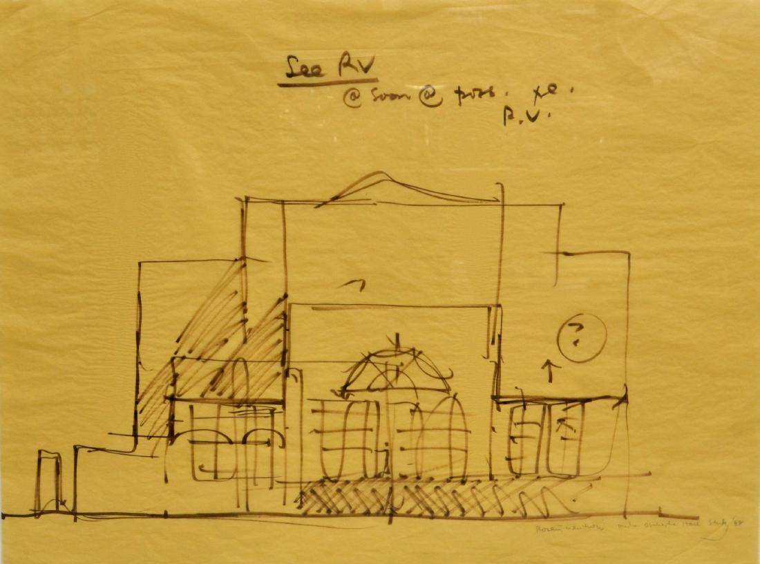 Robert Venturi Drawing, "Philadelphia Orchestra Hall": Robert Venturi (American 1925-2018), drawing, "Philadelphia Orchestra Hall:, architectural study, marker on tracing paper, pencil signed "Robert Venturi '88", 24" x 31-1/2" sheet, framed 27-1/2" x 34-
