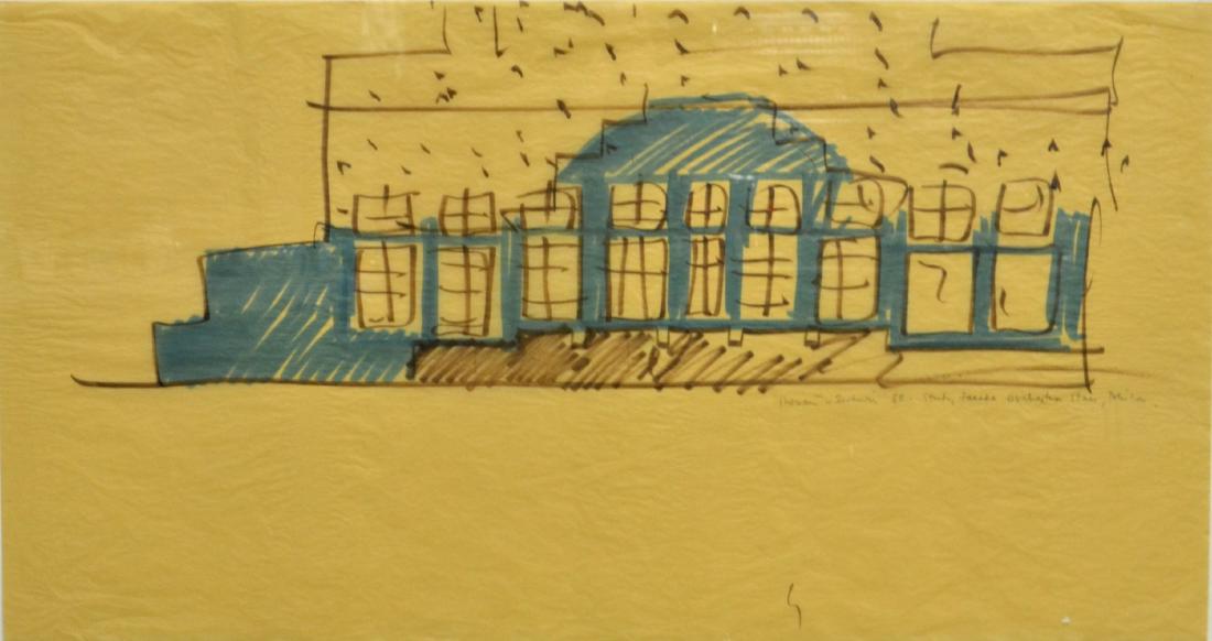 Robert Venturi Drawing, Philadelphia Orchestra Hall": Robert Venturi (American 1925-2018), drawing, "Philadelphia Orchestra Hall", architectural study, marker on tracing paper, pencil signed "Robert Venturi '88", 18' x 33-3/4" sheet, framed 21-1/2" x 37"