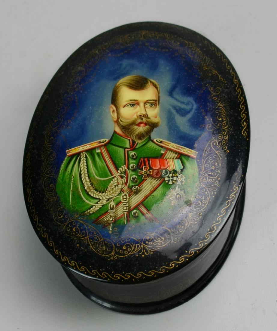 Russian Lacquer Portrait Box: Russian lacquer oval box, portrait of Tsar Nicholas II, hinged lid, 5-3/4" x 4-1/4" x 2-1/4" h