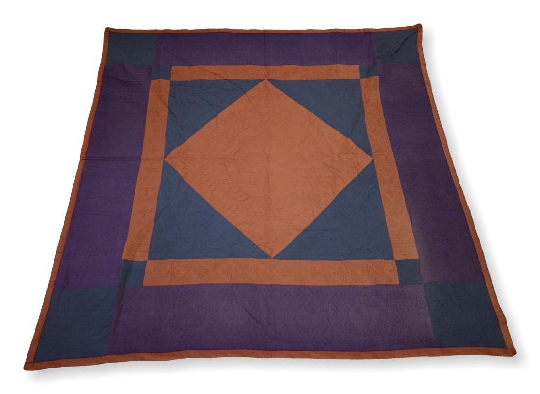 Patchwork Quilt: Blue, rust & purple patchwork quilt, machine quilted, 74" x 74", Machine Pieced hand quilted, rust fabric polyester blend, yes center diamond pattern probably Amish quiltop, Overall fading-one corner