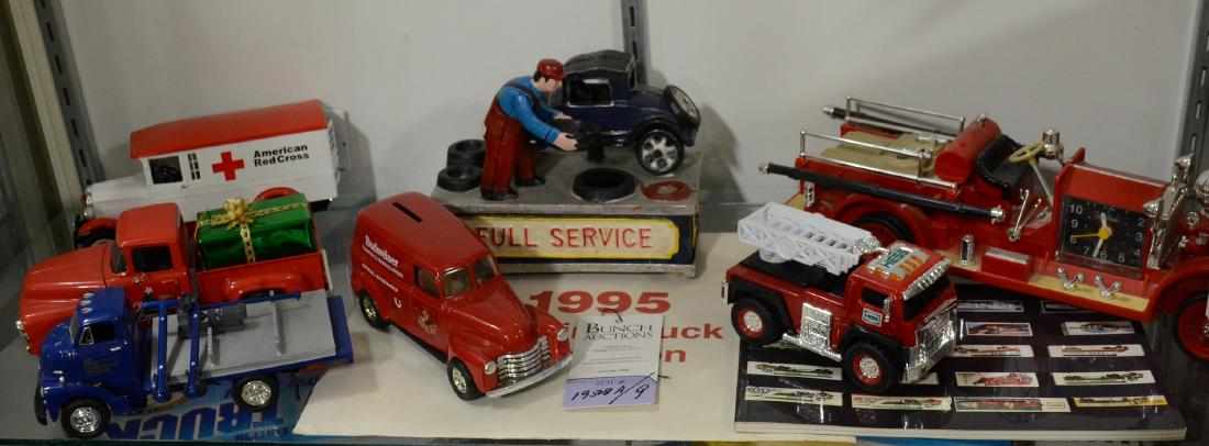 (6) Toy Trucks, Still Bank, Promotional Materials, (2): (6) Unboxed trucks, 1 reproduction Full Service still bank, History of Hess paperback, and Sunoco 1995 promotional packet; (2) Special Edition trucks: Peach State Motor Sports Mac Tool tractor a