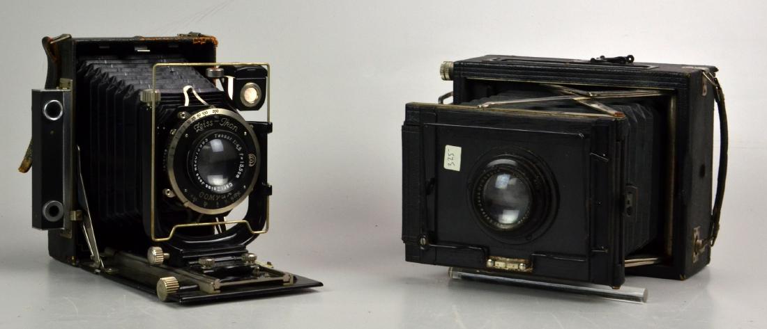 (2) Large Format Zeiss Cameras: Zeiss Ikon Maximar 207/3 Plate Camera with Jena Tessar Lens, 1:4.5 F=13,5cm. Shutter fires, though inaccurately at slow speeds. Body in fair shape, camera is stuck open. And Contessa Nettel plate came