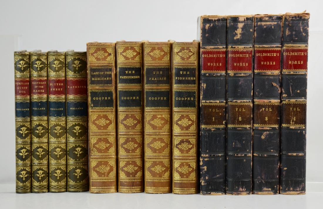 (3) Antiquarian "Works" of Famous Authors: (3) Antiquarian "Works" of Famous Authors, inc J. Fenimore Cooper (NY: John W. Lovell Co before 1900) 4 vols, J.G. Holland (NY: Charles Scribner's Sons 1889) 4 vols, Oliver Goldsmith (Paris: Baudry's 