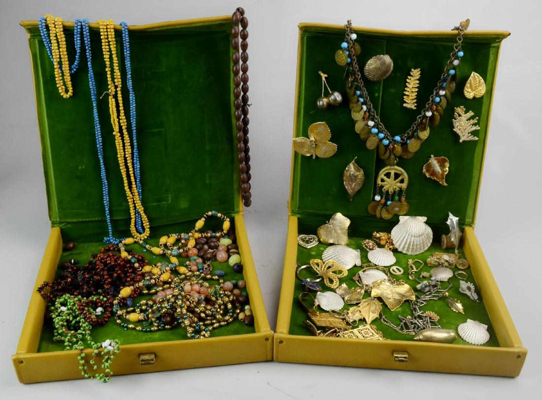 Costume Jewelry and (2) Leather Jewelry Boxes: (2) Boxes of Costume Jewelry Including Ethnic Beads
