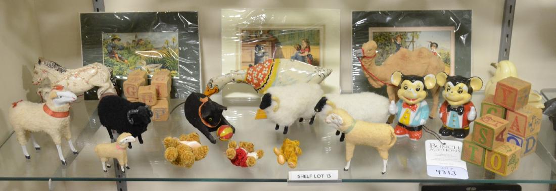Shelf #13 - Children's Toys and Windup Toys: Shelf #13 - Unique Art Windup Toy Duck, Windup Black Cat with Ball Toy, German Putz Sheep, German Camel, 3 lithographs, Mickey Mouse, blocks