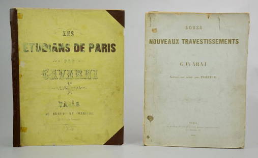 Two Paul Gavarni design books: Two Paul Gavarni design books: "Douze Nouveaux Travestissements" (Paris: Bureau du Journal Les Modes Parisiennes 1856), 12 hand-colored engravings of French ladies' costumes, plates in very good condi