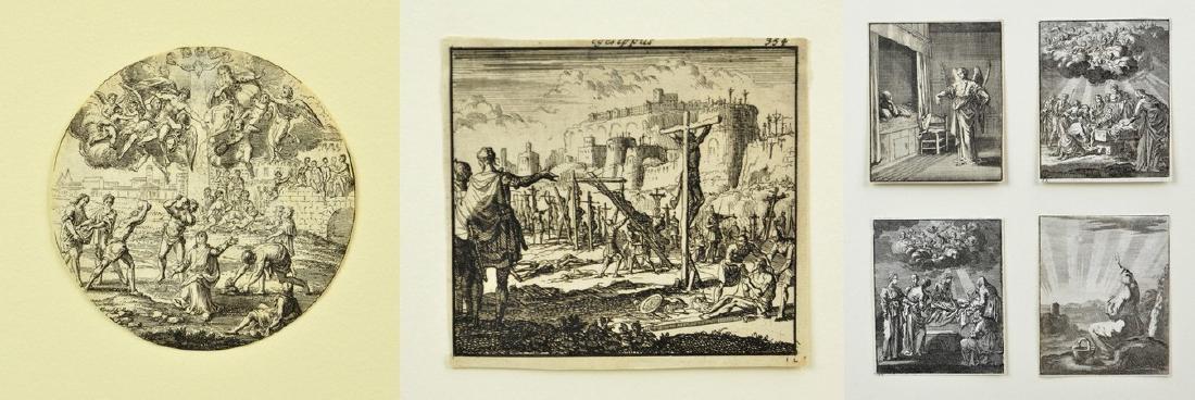 (6) Miniature Antiquarian religious engravings on paper: attr Jan Luyken (Dutch, 1649-1712), (6) Miniature Antiquarian religious engravings on paper, "Annunciation", "Nativity", "Death of the Virgin,"Jesus in the Garden of Gethsemane", "Crucifixion", and "S
