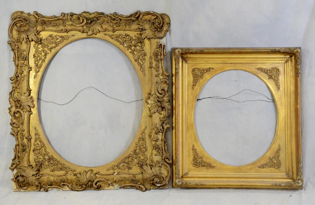 (2) 19th C Gilt Picture Frames: (2) 19th C gilt picture frames, wood and gesso, gilt with gold overpaint, larger measures 41" x 36-1/2" for 30" x 25" painting; smaller measures 32-1/4" x 29-1/4" for 26" x 23" painting, poor to fair