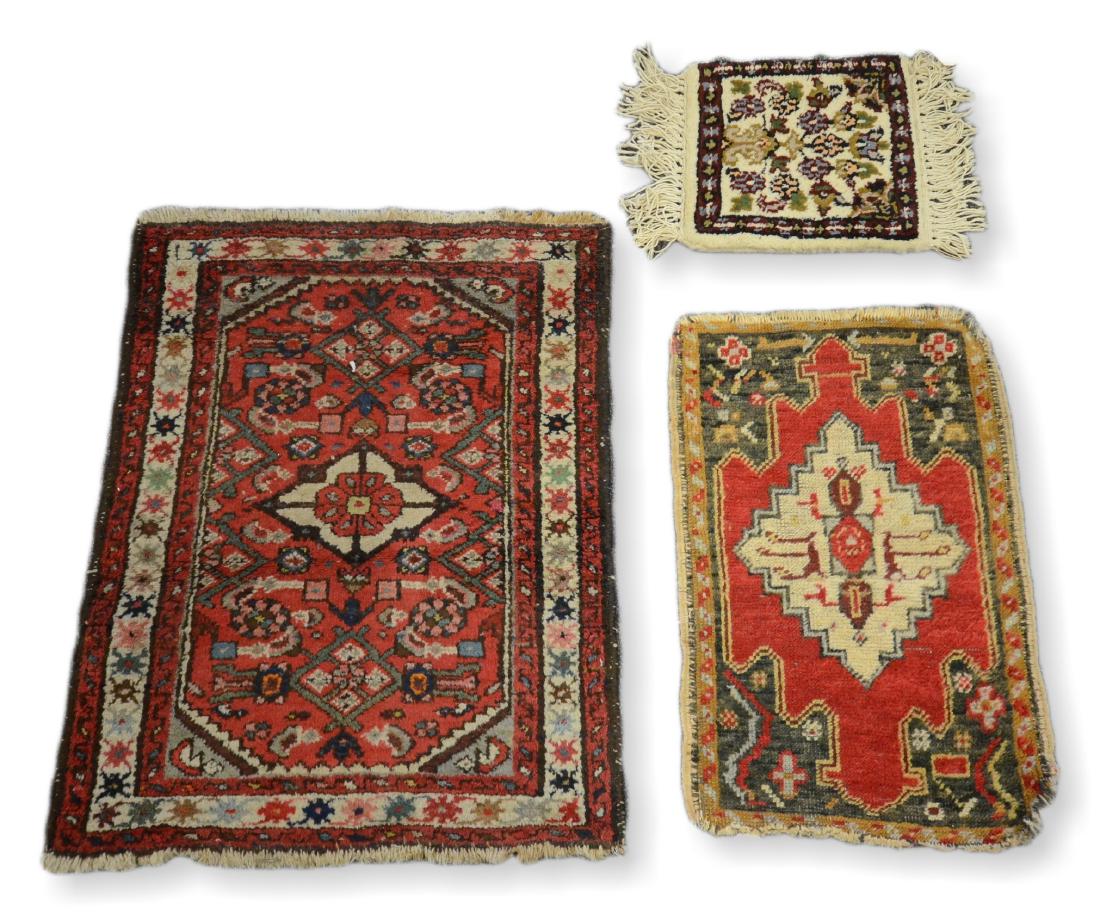 (3) Rugs: 1'1" Indo, 1-1/2' x 2' Antique Turkish: (3) Rugs: 1'1" Indo, 1-1/2' x 2' Antique Turkish Yastik. and 2'2" x 2'9" Persian Hamadan